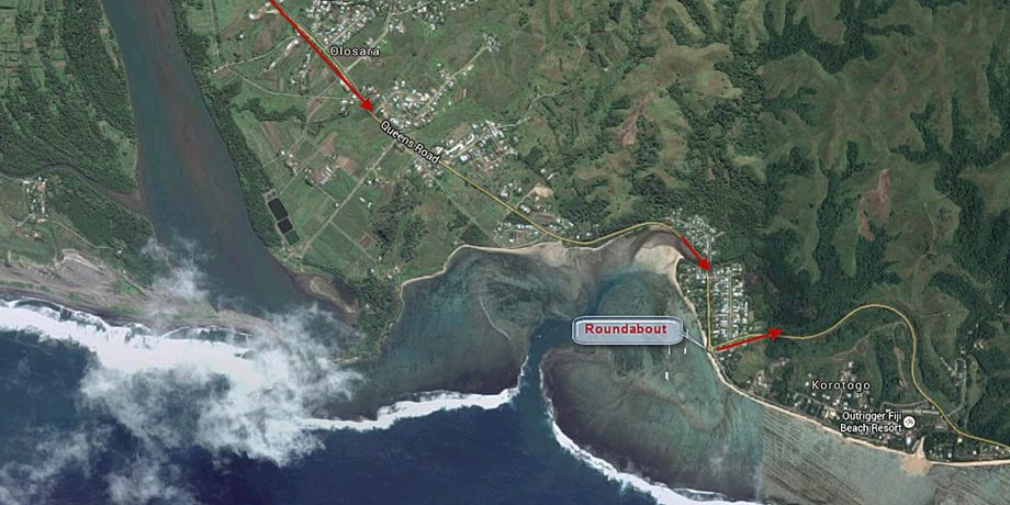 From Sigatoka to Maui Bay you will pass through several villages. At the end of the village of Korotogo, turn left at the roundabout, this will keep you on Queen’s Road and take you past the Outrigger Resort. Continue on travelling through the villages of Malavu, Vatukarasa, Namada. You will also drive past the Hideaway Resort before the last of the villages, Tagage.
