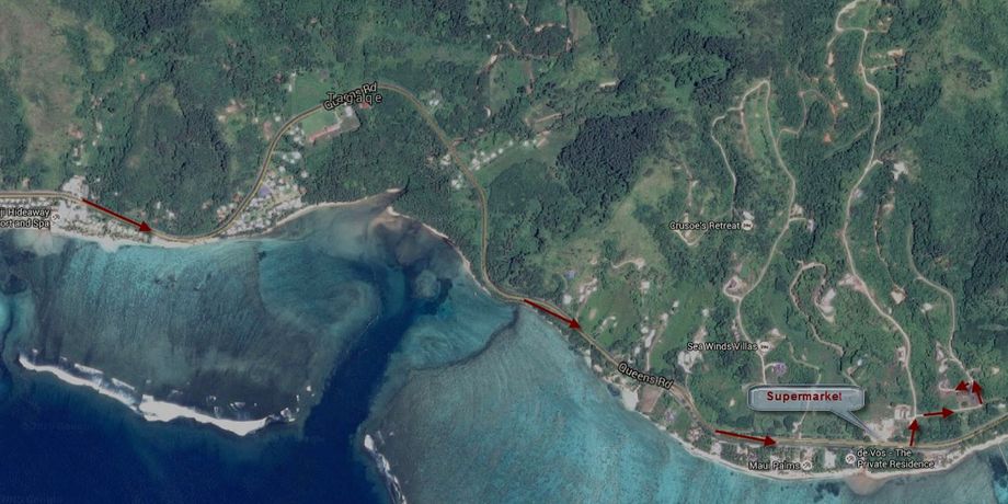 After passing through Tagage, you about 1 minute away from Maui Bay and Vakaviti Kalokalo.
On the left hand side of Queen’s Road you will see a supermarket, slow down and 40 metres after you pass the supermarket turn left into Maui Bay East Road (the turnoff is easily missed).  After 50 metres turn right into Rainbow Drive. Follow Rainbow Drive turning left up a fairly steep hill.
